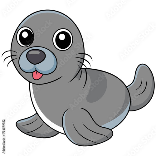Cartoon grey seal with tongue out on white background