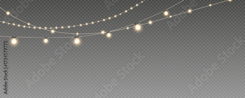 Christmas and New Year glowing garlands of bulbs and lights. Design element for holiday cards, backgrounds, business cards, vector png on transparent background.