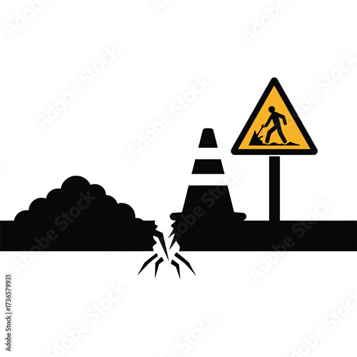 Roadworks sign with cone and crack in road warning construction hazard traffic safety caution symbol street repair danger accident