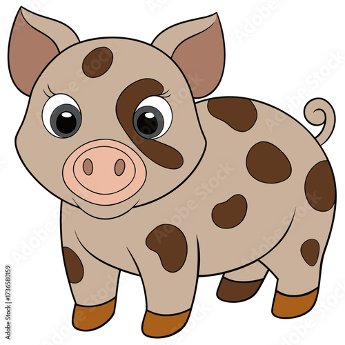 Cute cartoon piglet with brown spots standing in full view