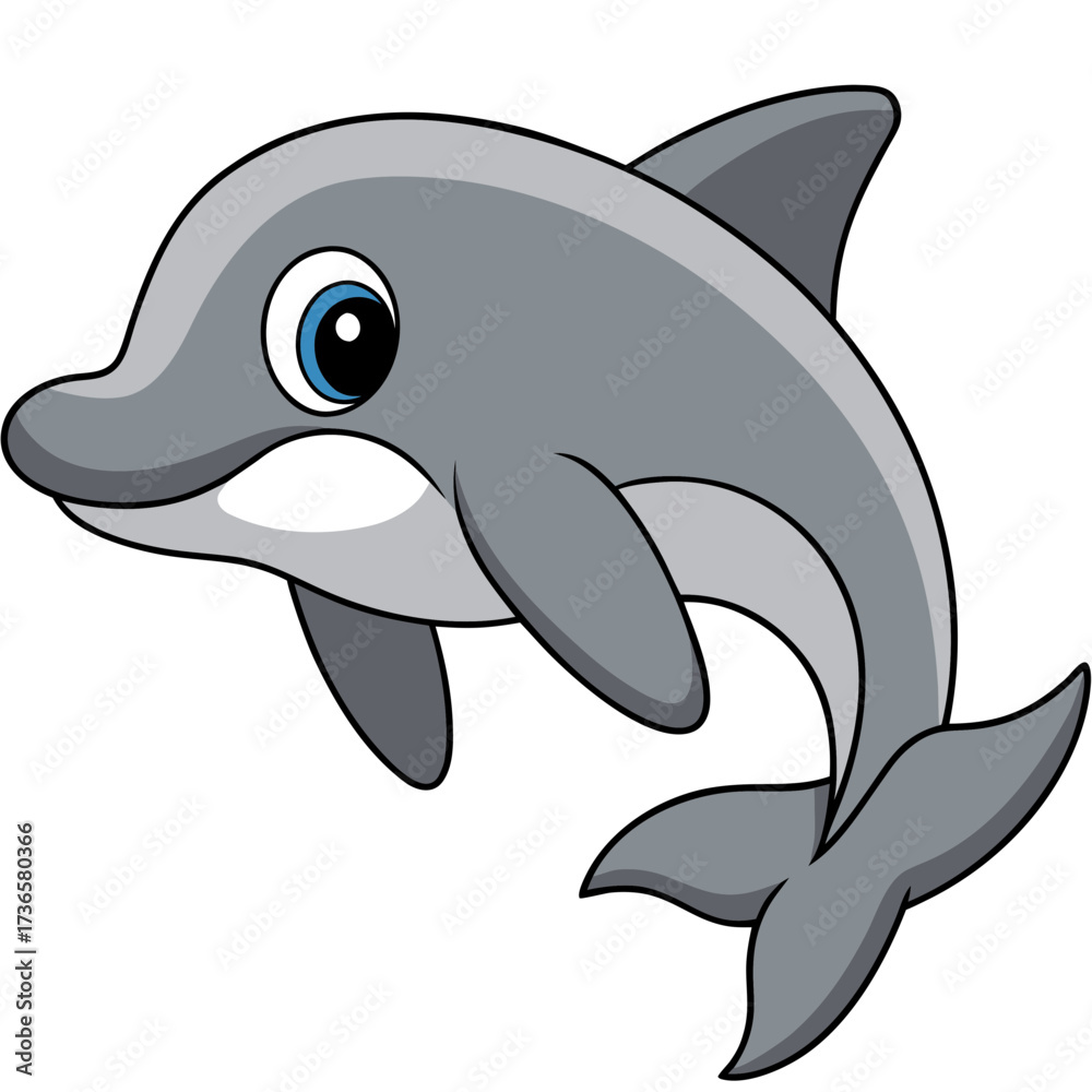 Naklejka premium Cartoon style gray dolphin with blue eye swimming playfully