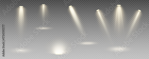 Spotlight, vector light set png, walls, studio light, different colors and shades of realistic light for design, advertising, banner, poster. Light rays and light effect	
