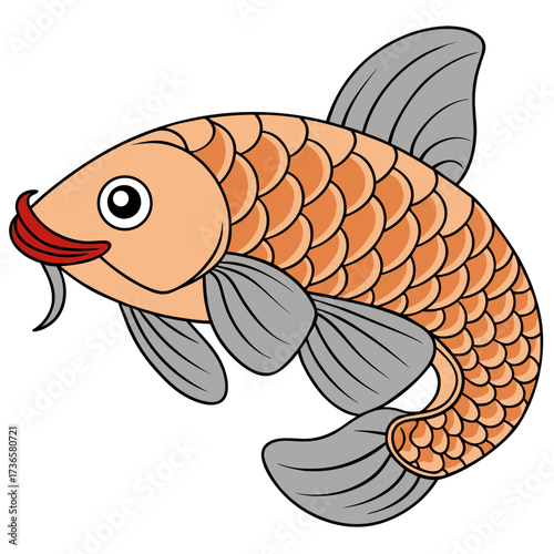 Cartoon orange arowana fish with gray fins illustration