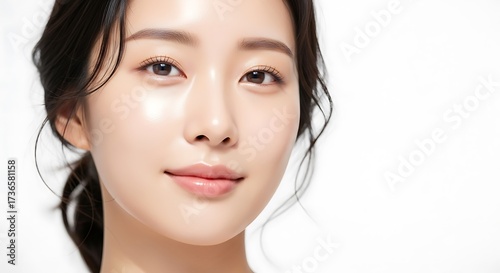 Close-up beauty portrait of a serene young Asian woman with clear, glowing skin and natural makeup.