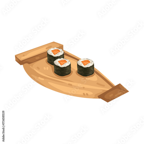 Illustration of Salmon Sushi Rolls on Wooden Plate 