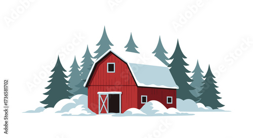 Vintage vector illustration of a classic red wooden barn in the snow with a snow-covered roof surrounded by snowdrifts.