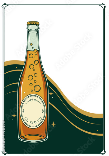 An elegant vintage vector illustration of a tall bottle of sparkling cider. Partial background, smooth wavy shape underneath the object.
