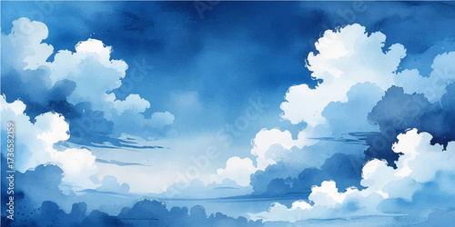 Beautiful fluffy white clouds float across a bright blue summer sky