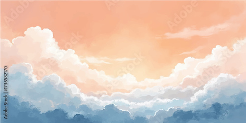 An abstract red background with fluffy white clouds and bright sunlight creates a beautiful cloudscape