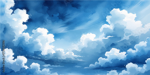 Beautiful bright blue summer sky with fluffy white cumulus clouds