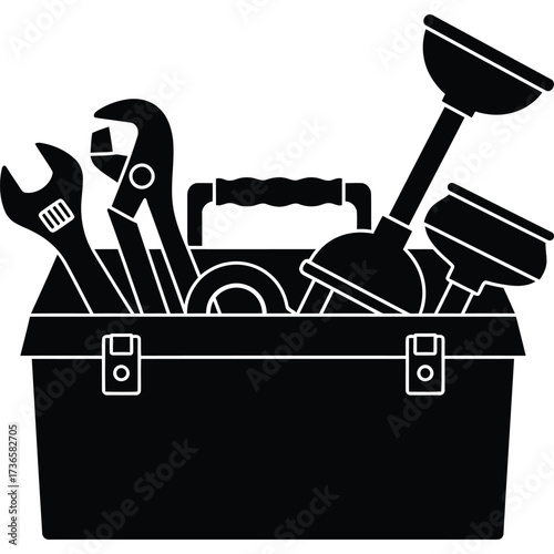 Toolbox with plumbing and repair tools illustration wrench plunger equipment hardware maintenance adjustable pipe