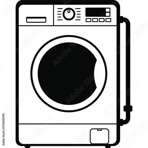 Washing Machine Icon in Black and White laundry appliance household domestic cleaning front load vector illustration home equipment