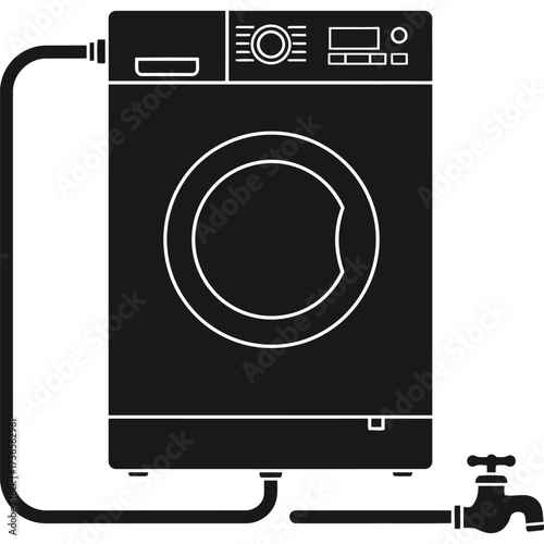 Washing machine icon, black and white vector illustration laundry appliance household home domestic equipment clean water tap plumbing