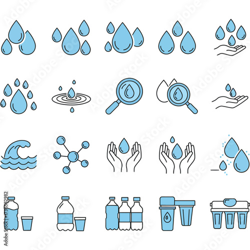 Water and Treatment Icons drop wave molecule hand filter bottle glass magnifier clean pure liquid aqua fresh filtration
