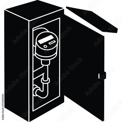 Water Meter in Cabinet Icon plumbing pipe utility measurement digital display gauge box open door service supply resource consumption