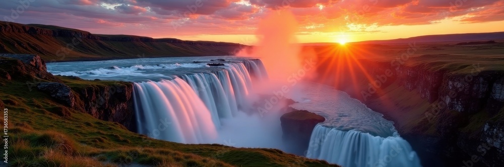 Fototapeta premium Icelandic Godafoss waterfall sunset, summer cliff , nature, Icelandic landscape, photography