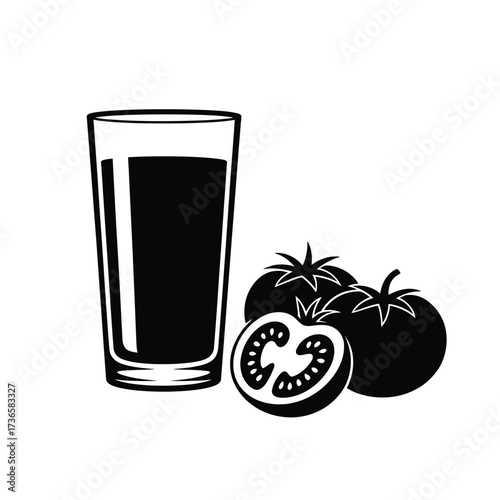 Black and white illustration of a glass of tomato juice and fresh tomatoes