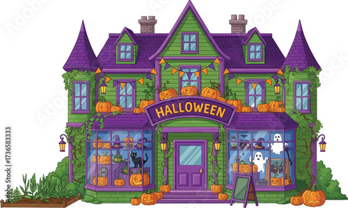 Spooky halloween shop decorated with pumpkins and ghosts for a festive celebration