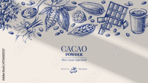 Hand drawn sketch cocoa chocolate product background. Vintage vector illustration of natural healthy food. Packaging design of cacao powder