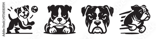 Modern Minimalist American Bulldog Playing Ball Icon, Flat Silhouette of a Pets Animal Vector for Sports Illustration Design