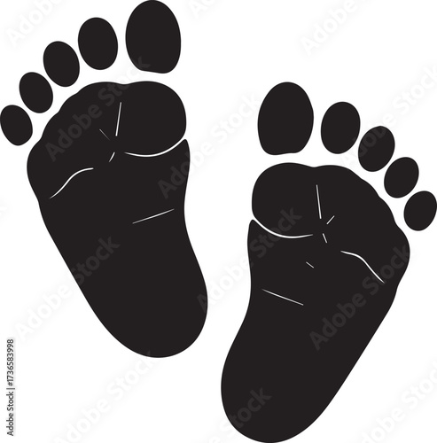 Black baby footprints silhouette on white background feet