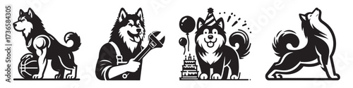 Modern Minimalist Alaskan Malamute With Basketball Icon, Flat Silhouette of a Pet Dog Vector for Sports Illustration Design