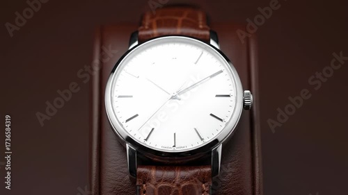 Wallpaper Mural Elegant White Wristwatch with Brown Leather Strap - Close-up of a classic wristwatch featuring a white face, silver casing, and a brown crocodile-embossed leather strap. Torontodigital.ca