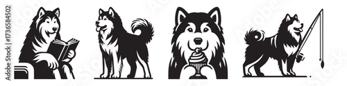 Modern Minimalist Alaskan Malamute Eating Ice Cream Icon, Flat Silhouette of a Pet Animal Vector for Summer Illustration Design