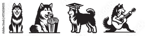 Modern Minimalist Alaskan Malamute Sitting Down Icon, Flat Silhouette of a Pet Dog Vector for Animal Illustration Design
