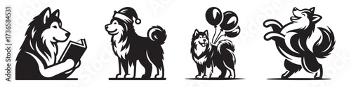Modern Minimalist Alaskan Malamute Riding Book Icon, Flat Silhouette of a Fantasy Animal Vector for Creative Illustration Design