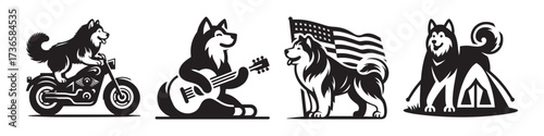Modern Minimalist Alaskan Malamute Camping Icon, Flat Silhouette of a Wilderness Dog Vector for Outdoor Adventure Illustration Design
