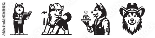 Modern Minimalist Alaskan Malamute Holding Coffee Mug Icon, Flat Silhouette of a Pet Animal Vector for Café Illustration Design