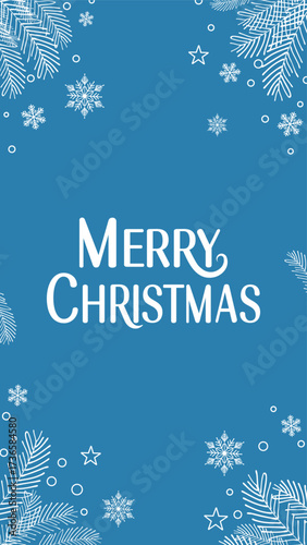 Merry christmas vertical blue greeting card  social media template with white winter border.