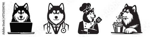 Modern Minimalist Alaskan Malamute With Laptop Icon, Flat Silhouette of a Pet Animal Vector for Technology Illustration Design