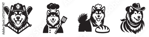 Modern Minimalist Alaskan Malamute With Baseball Outfit Icon, Flat Silhouette of a Sports Pet Animal Vector for Athletic Illustration Design