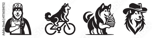 Modern Minimalist Alaskan Malamute With Cowboy Hat Icon, Flat Silhouette of a Pets Animal Vector for Western Illustration Design