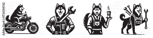 Modern Minimalist Alaskan Malamute With Barista Outfit Icon, Flat Silhouette of a Pets Animal Vector for Coffee Shop Illustration Design