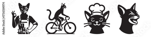 Modern Minimalist Abyssinian Cat Riding Bicycle Icon, Flat Silhouette of a Pets Animal Vector for Cycling Illustration Design