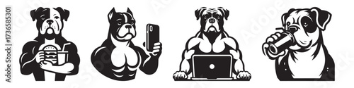 Modern Minimalist American Bulldog Holding Junk Food Icon, Flat Silhouette of a Funny Pet Animal Vector for Fast Food Illustration Design