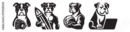 Modern Minimalist American Bulldog With Softball Glove Icon, Flat Silhouette of a Sports Pet Animal Vector for Athletic Illustration Design