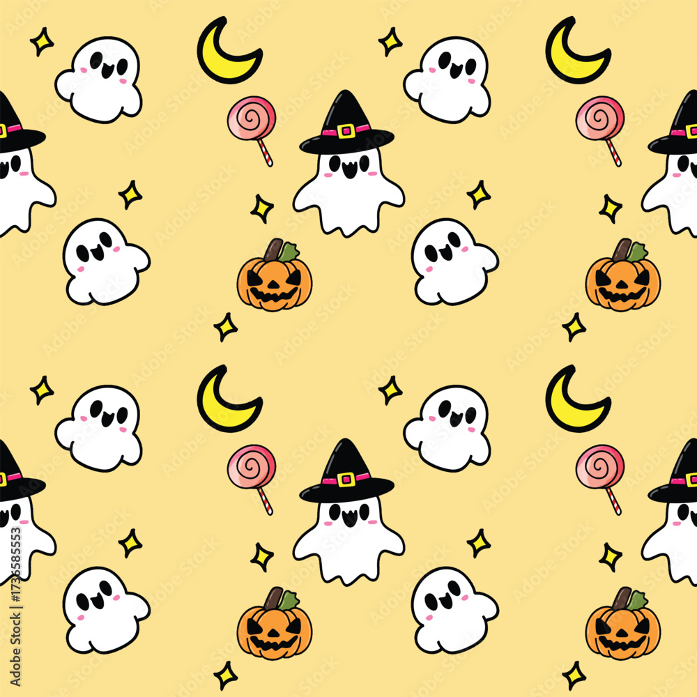 Obraz premium Seamless Halloween pattern with ghosts stars and bats, Creepy halloween vector seamless pattern with cute ghost, Happy halloween party seamless pattern background 