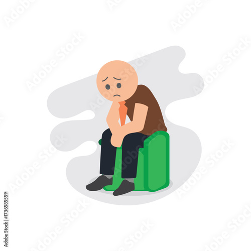 Illustration of a sad man sitting alone on a green chair, cartoon minimalist flat design