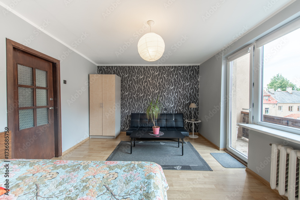Fototapeta premium Home Living Room and Bedroom. Windows, Stylish Retro Style Apartment. Open Space Interior, Sofa, Couch and Closet, Wardrobe. Hardwood Floor and Carpet. Coffee Table and Flower.