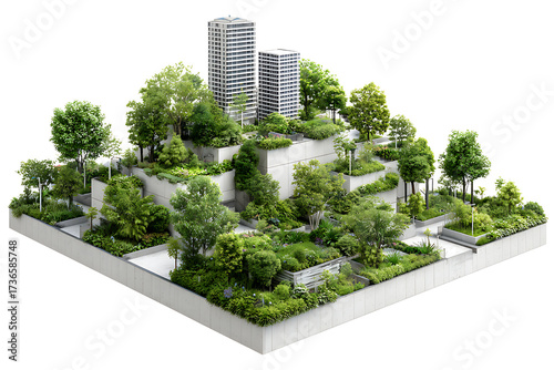 Terraced rooftop garden and urban park with mature trees and modern buildings in the background, isolated on a transparent background.