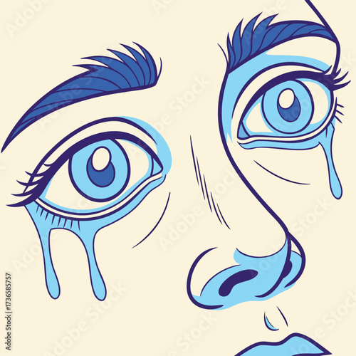 Vector art of close up of a crying womans face with blue tears streaming down her cheeks, graphic illustration