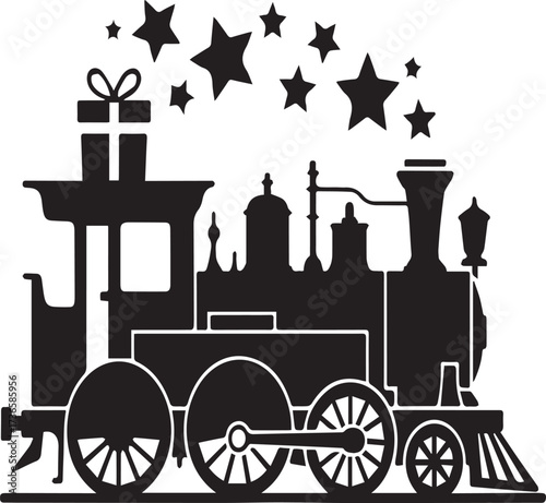 Black silhouette of a vintage steam train carrying a gift box and emitting stars black and white