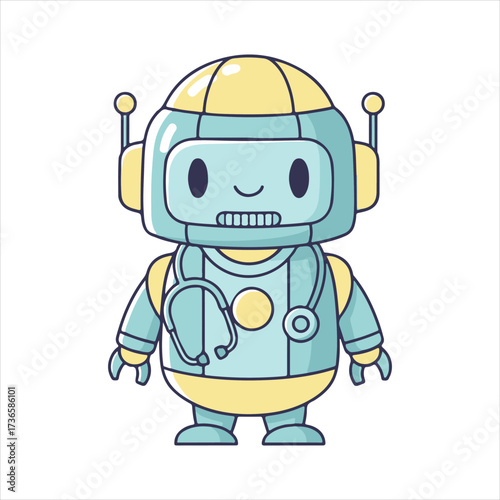 Robot doctor character illustration in a medical setting, vector art style
