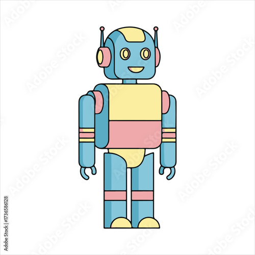 Friendly blue robot illustration with yellow and pink accents, depicting an artificial intelligence concept or a playful character, perfect for technology, education, or children's media designs
