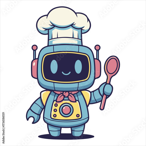 Cute and friendly robot chef character illustration, perfectly designed for modern kitchen innovation, smart culinary automation, and artificial intelligence concepts