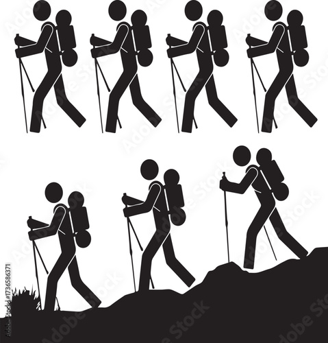 Black silhouette of hikers with backpacks and trekking poles walking on uneven terrain and flat ground